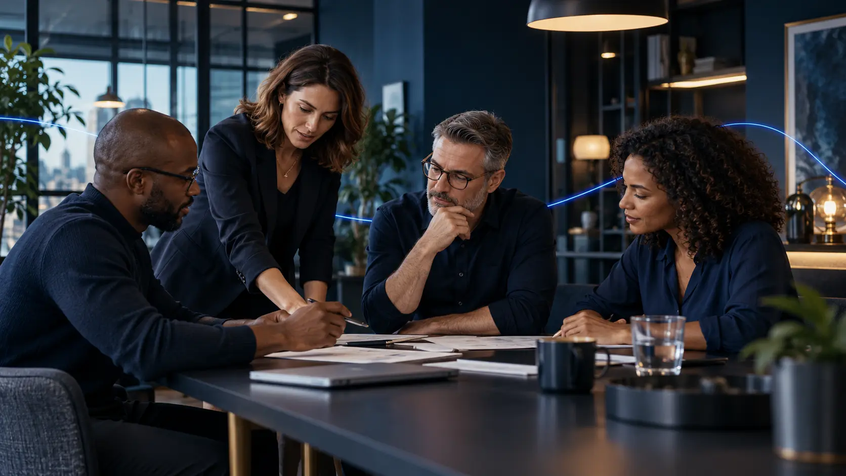 A business team reviewing company policies with the Keep Compliant blue energy thread
