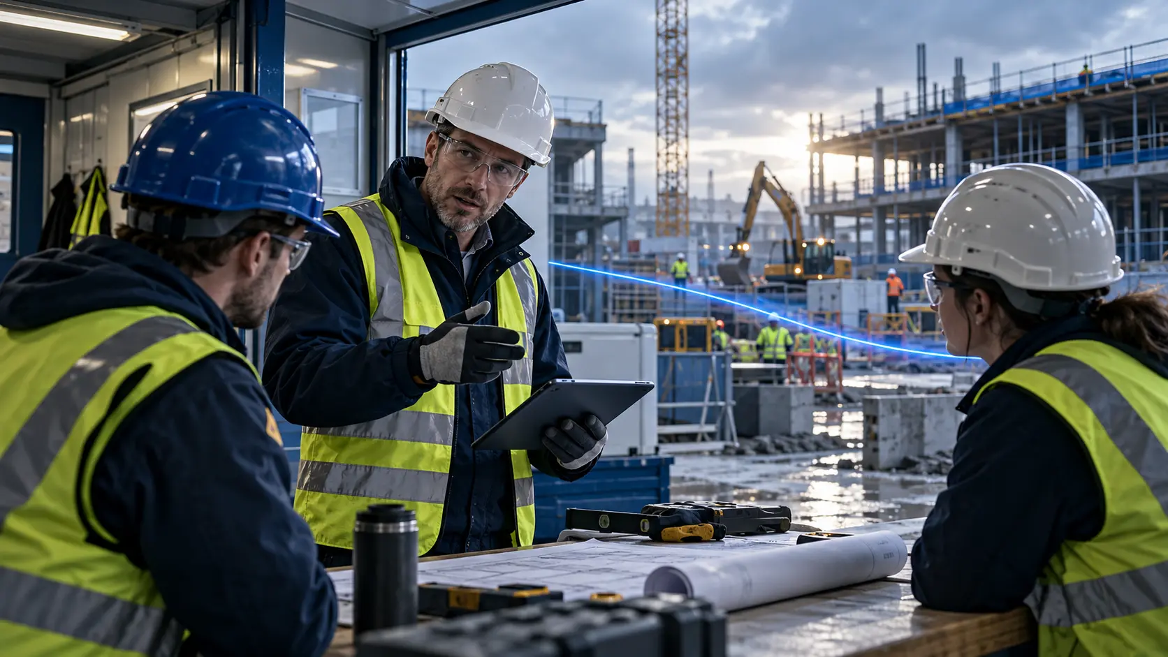 A construction team receiving a controlled policy briefing