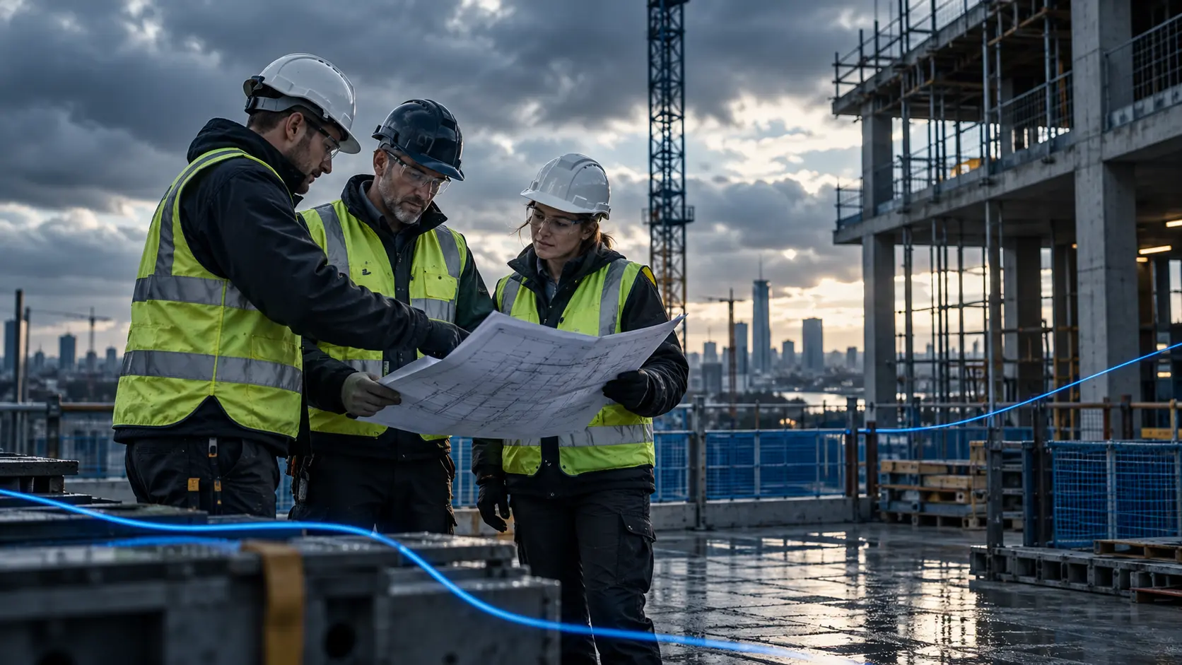 Construction professionals reviewing site information with the Keep Compliant blue energy thread
