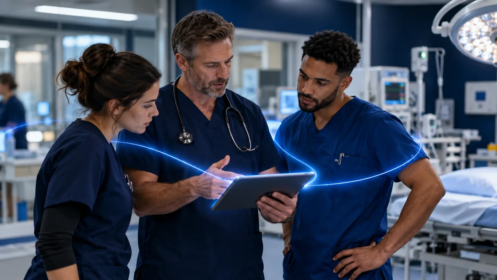 A healthcare team reviewing a controlled procedure