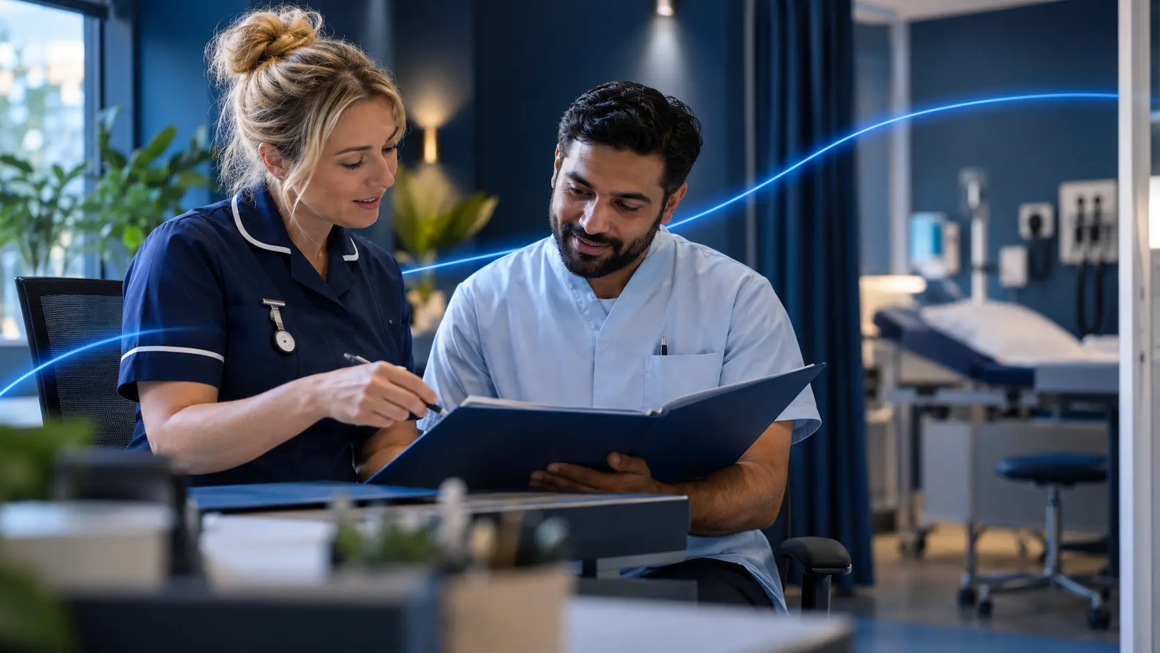 Healthcare professionals reviewing controlled information with the Keep Compliant blue energy thread