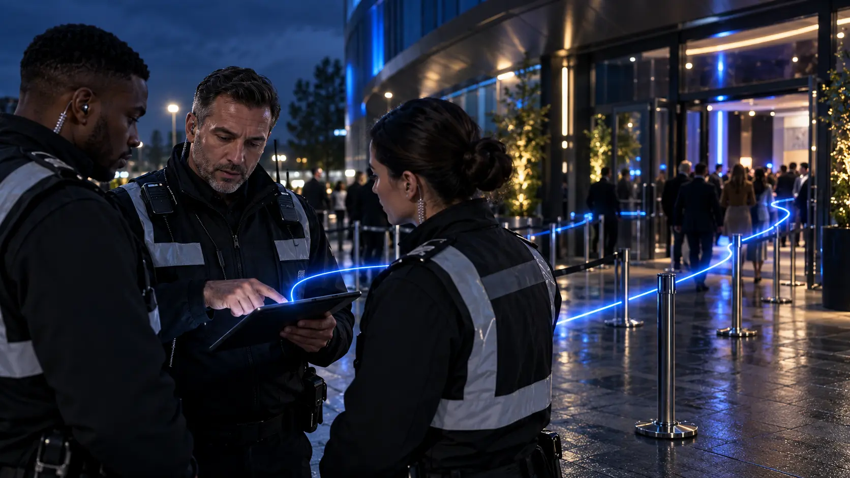 A security team receiving a controlled policy briefing