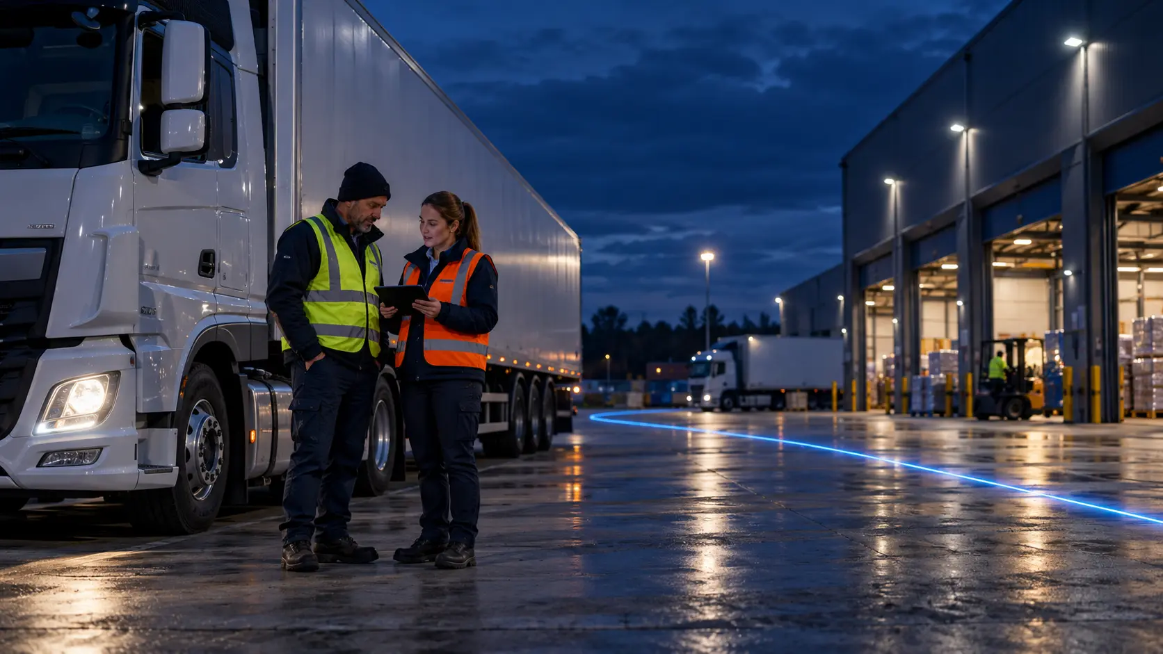 A transport and logistics team working in a controlled yard with the Keep Compliant blue energy thread